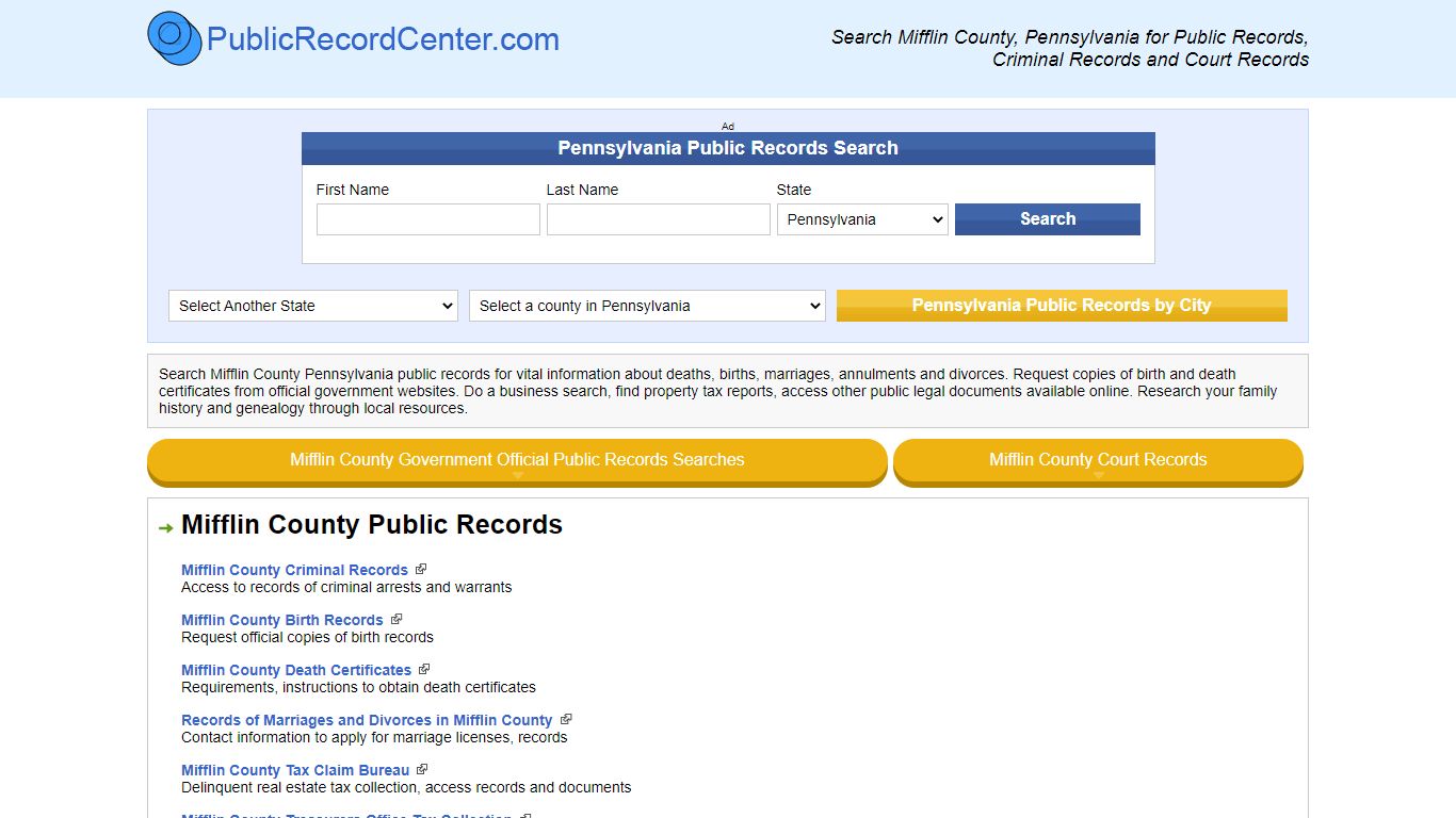 Mifflin County Pennsylvania Free Public Records - Court Records ...